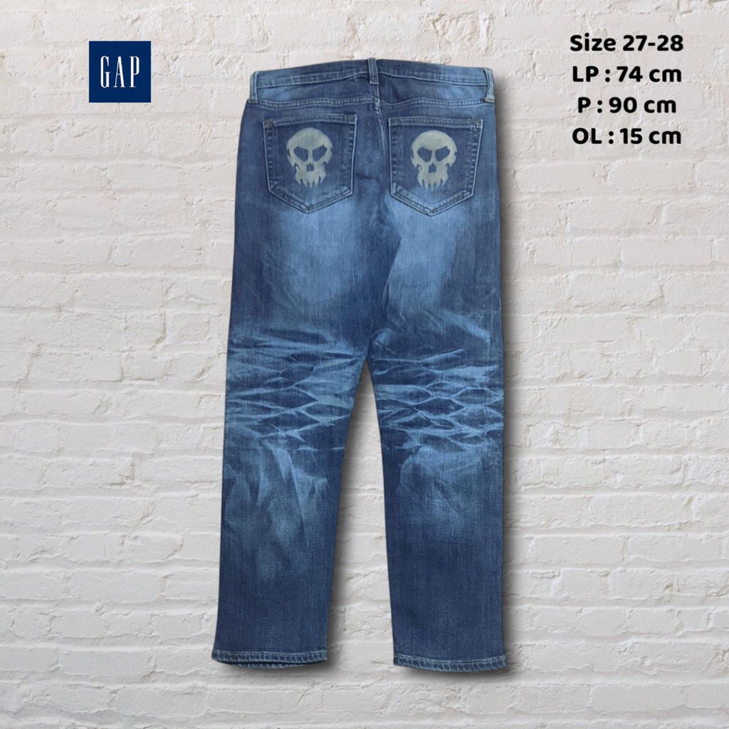 Size 27-28 Celana Panjang Jeans Gap Selvedge Redline Blue Washed Fading Skull Slim fit  #CJ139A