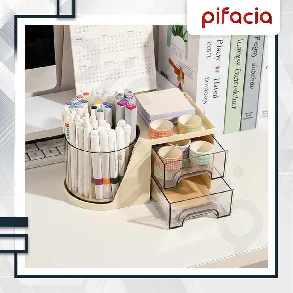 PIFACIA Tempat Pensil Pulpen Holder Alat Tulis Desk Organizer Stationery Laci Transparan Rak Penyimp