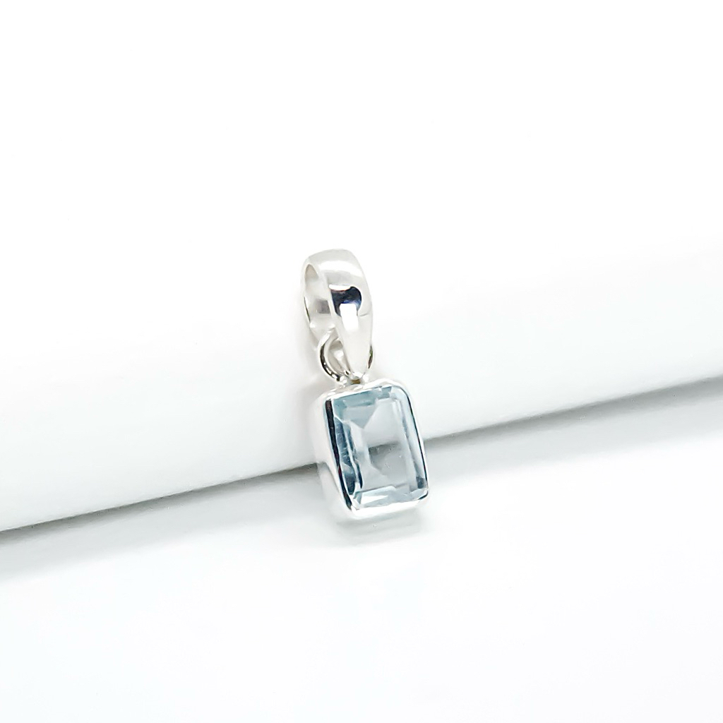 Liontin Perak 925 Asli Batu Biru Aquamarine Pria Wanita Pendant Minimalist