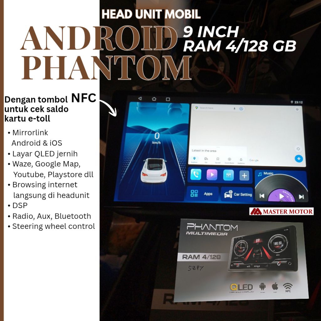 Head Unit Android PHANTOM 9 inch RAM 4/128 GB NFC QLED cek saldo ETOLL Mirrorlink Android iOS Apple 