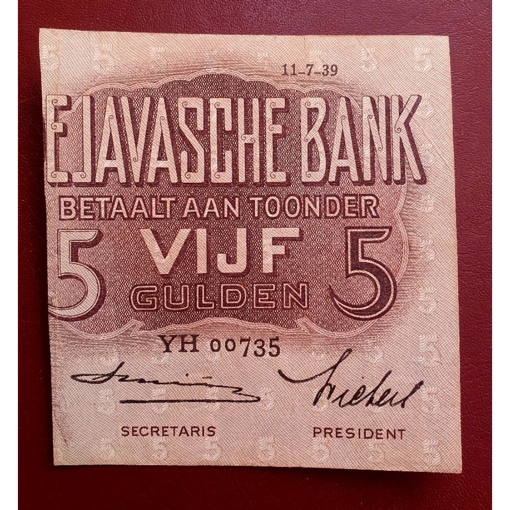 Uang Kertas Sanering 5 Gulden 1939 Seri Wayang ttd smith Aunc