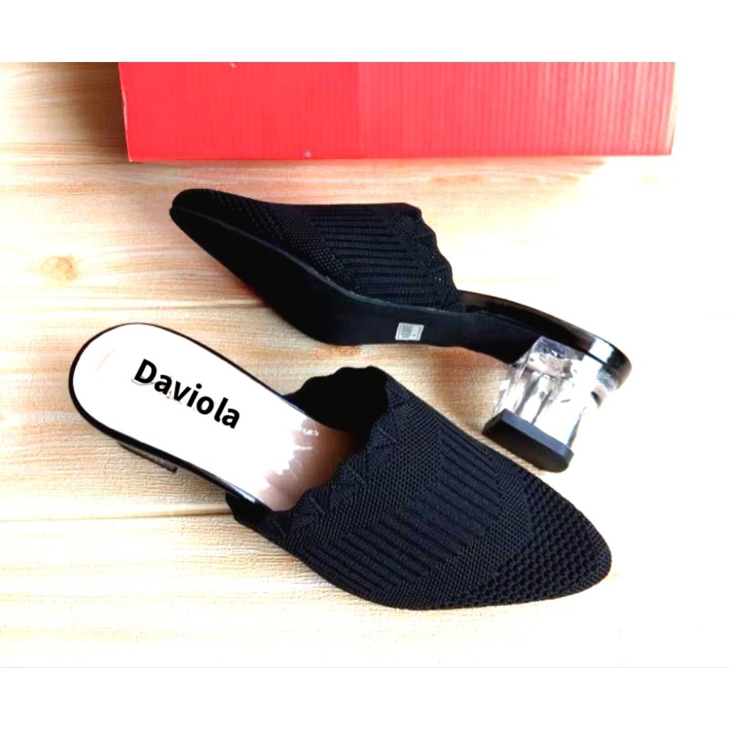 Daviola Sandal Rajut Mules Wanita Big Size Jumbo Model Hak Kaca 5Cm
