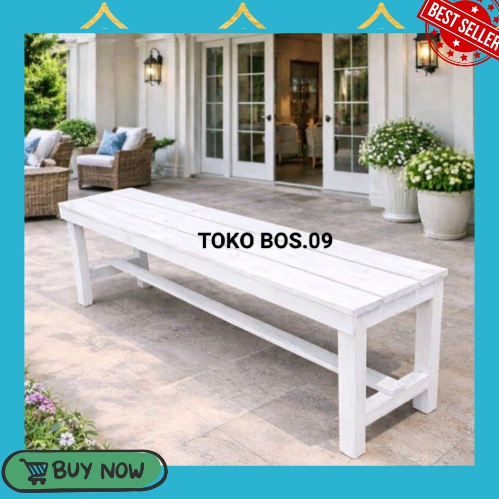 Kursi Bangku Kayu Panjang Warna Putih | Kursi Taman Outdoor | Kursi Tunggu Minimalis Kuat & Elegan