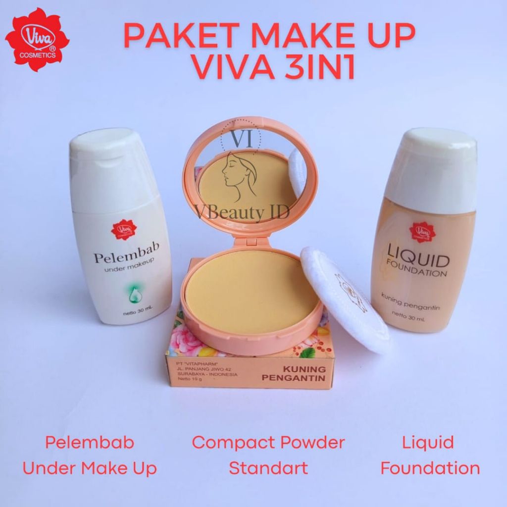 Viva Paket Make Up 3In1 - Pelembab Under Make Up - Liquid Foundation - Compact Powder