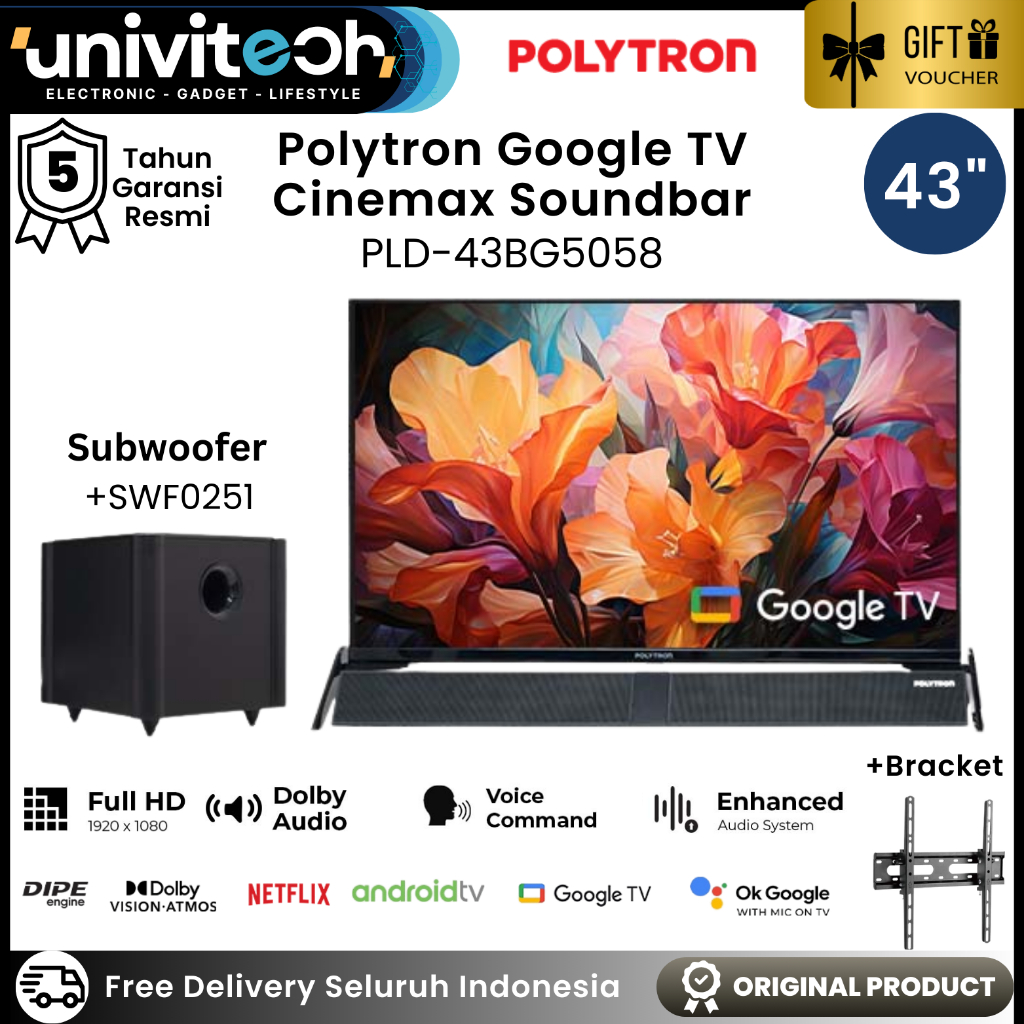 TV LED Polytron Google TV 43" Soundbar FHD Dolby Vision Atmos Bluetooth Youtube Netflix PLD 43BG5058
