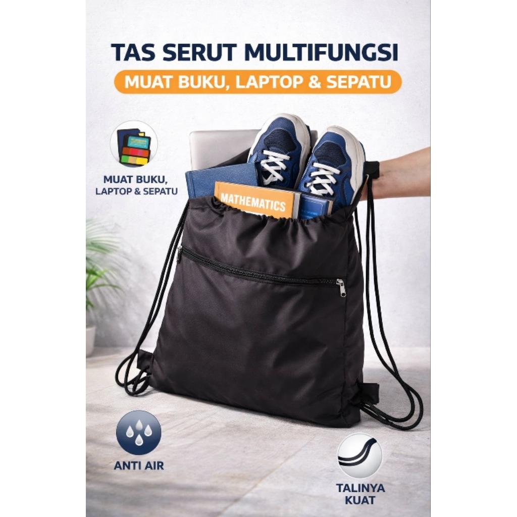 Tas Serut Polos Tahan Air / Tas Parasut Hitam Polos / Black Series / Tas Waterproof / Tas Taslan / T