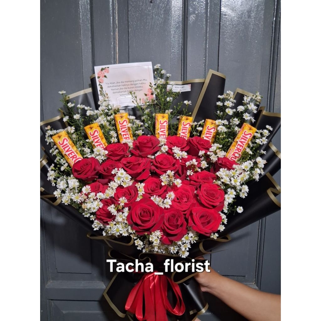 buket bunga mawar merah asli mix coklat