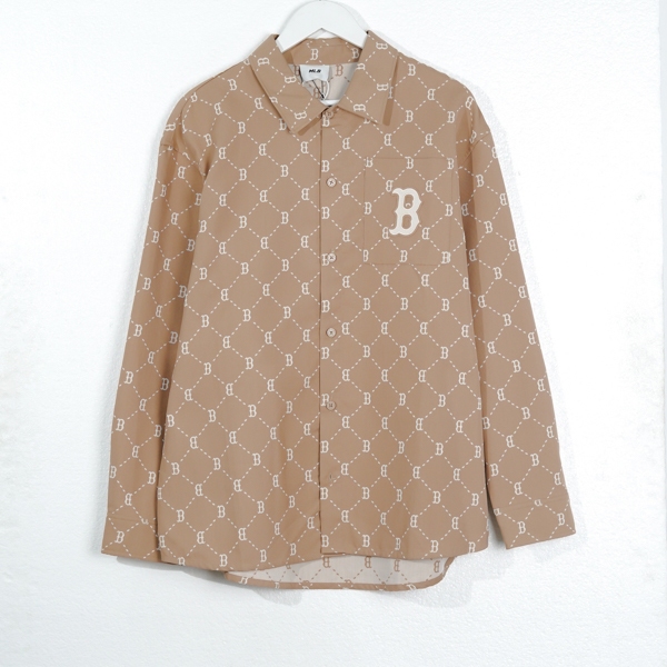 Kemeja MLB B BIG MONOGRAM LINE WHITE BEIGE LONG SHIRT 100% ORIGINAL