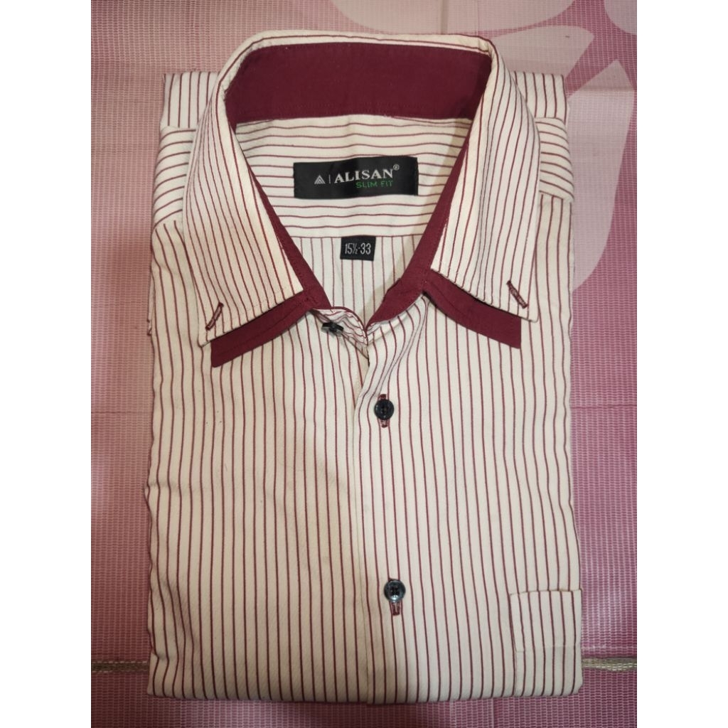 ALISAN SLIM FIT KEMEJA PRIA [PUTIH GARIS MAROON]
