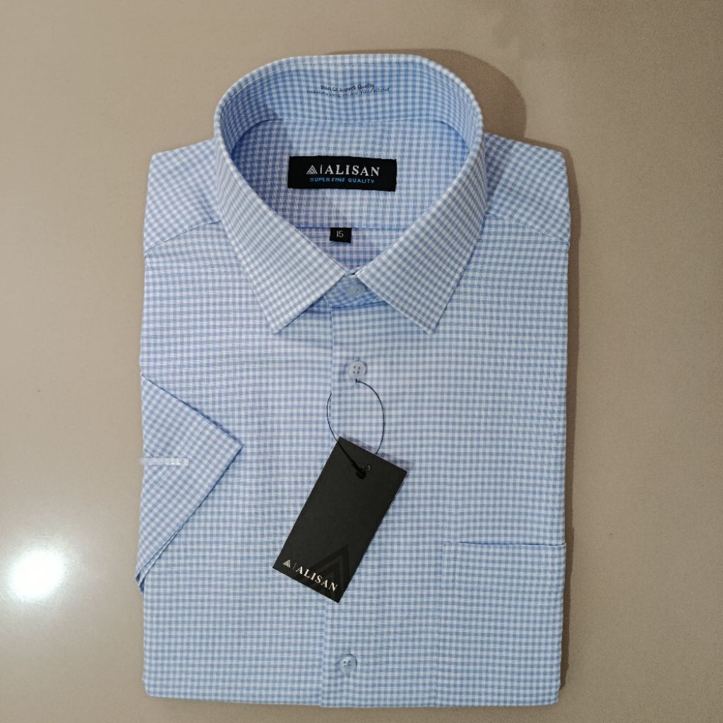 LENGAN PENDEK ALISAN Kemeja Pria Motif Kotak Kotak Biru Reguler