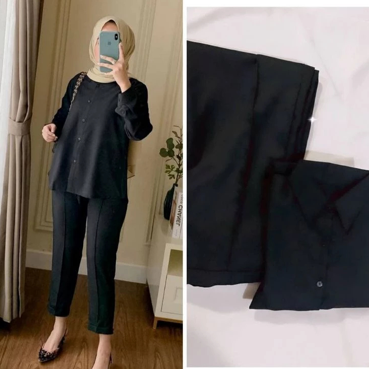 One Set Kemeja Katun Polos Wanita / Baju Setelan Wanita Kekinian