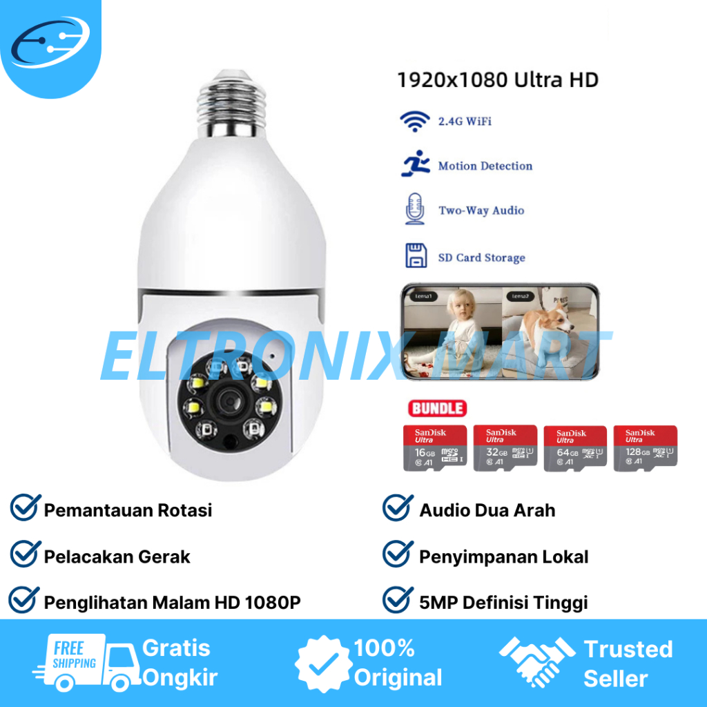CCTV Bohlam V380 V360 WiFi 360° HD Kamera Pengawas | Night Vision | Auto Tracking