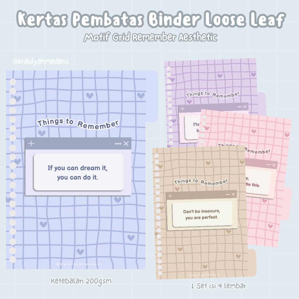 Kertas Pembatas Binder Loose Leaf A6 A5 B5 Motif Grid Remember Aesthetic