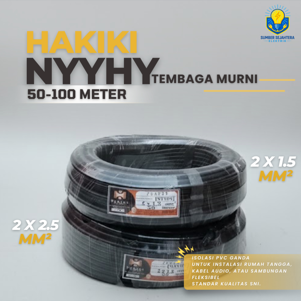 [ROLL] Kabel HAKIKI NYYHY / HYO 2x2.5 mm Serabut Hitam SNI