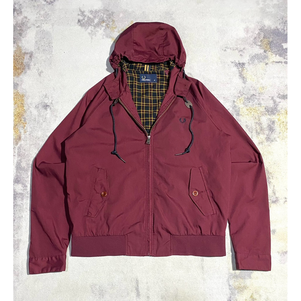 FRED PERRY MOD HARRINGTON HOODIE BURGUNDY TARTAN JACKET