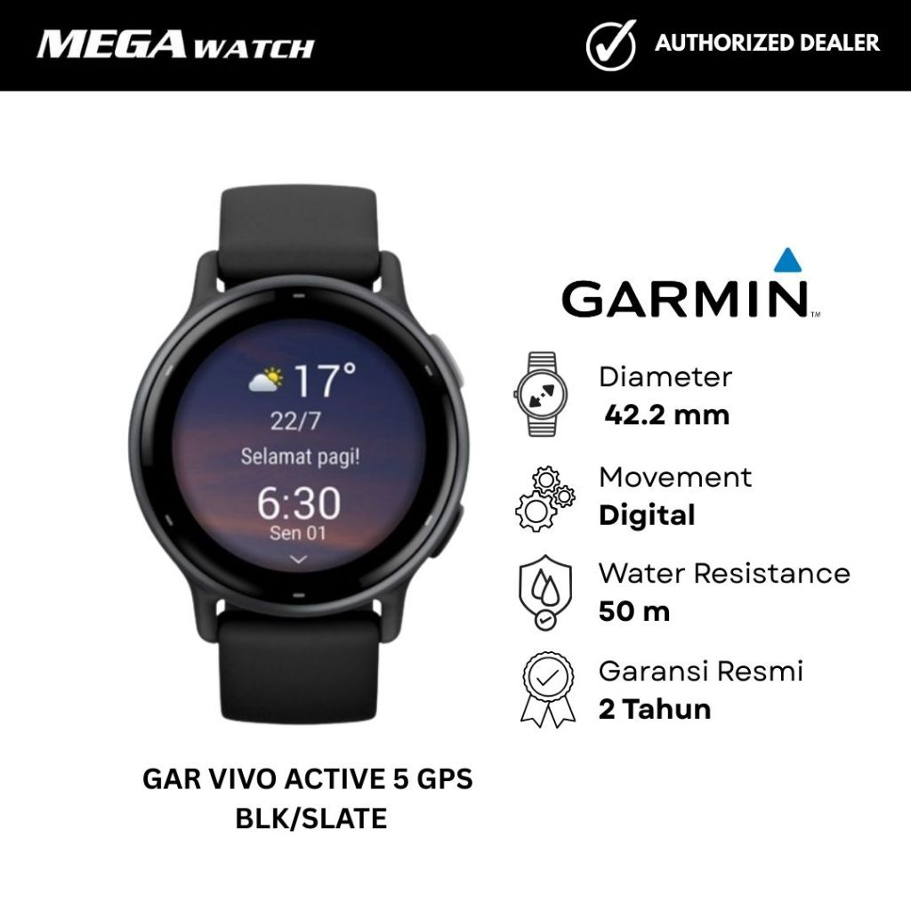 Jam Tangan GARMIN Pria Original GAR VIVO ACTIVE 5 GPS BLK/SLATE
