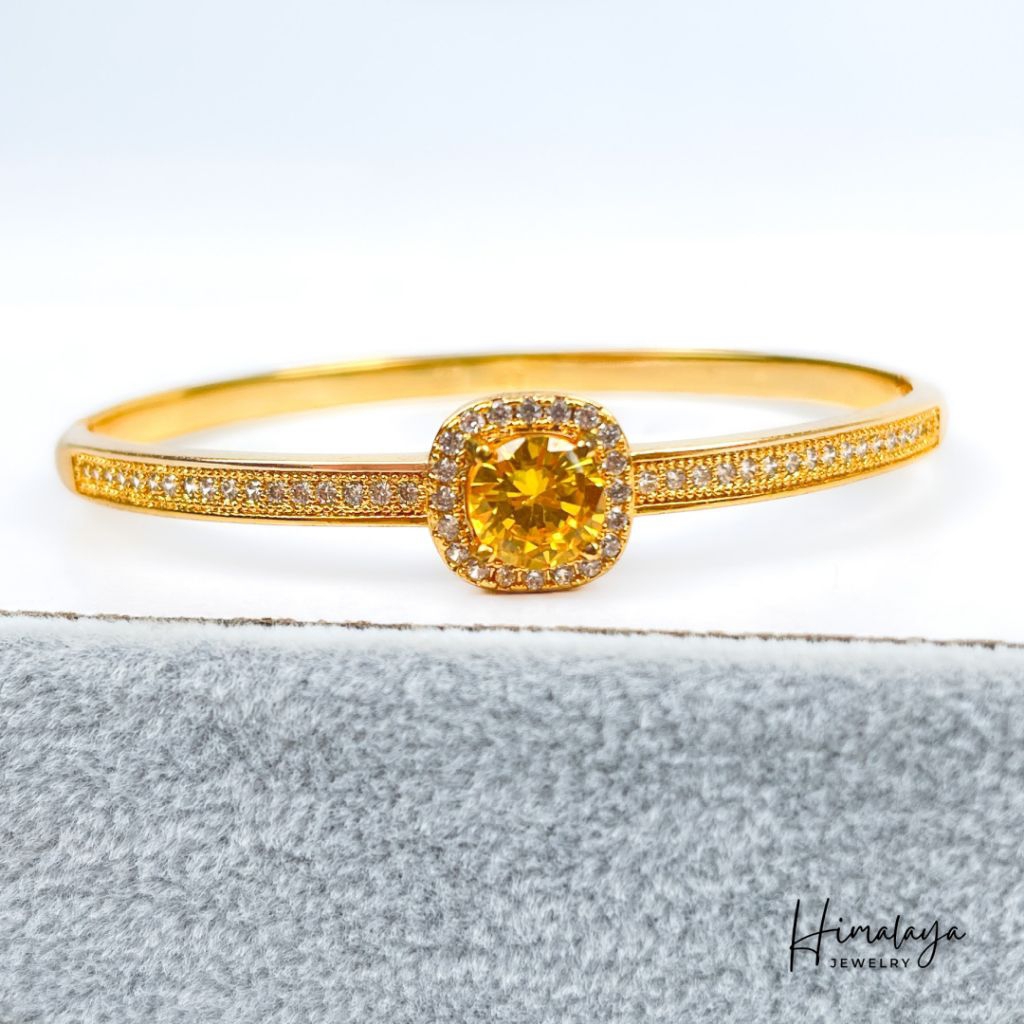 Gelang Bangle Motif Persegi Permata Warna Kuning Bahan﻿ Tembaga Lapis Emas Hongkong Himalaya Jewelle