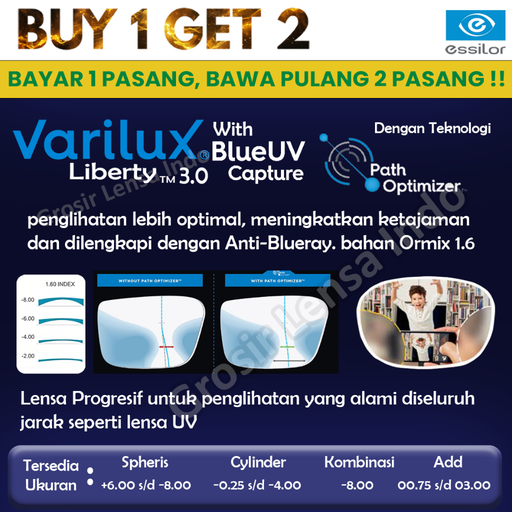 Lensa Essilor Varilux Liberty Blue UV Capture Ormix 1.6 CRIZAL ROCK / SAPPHIRE / DRIVE / PREVENCIA