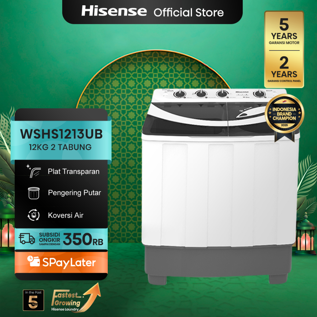 Hisense Mesin Cuci WSHS1213UB Top Loading Twintube Kapasitas 12KG 2 Tabung Bukaan Atas Pelat Penutup