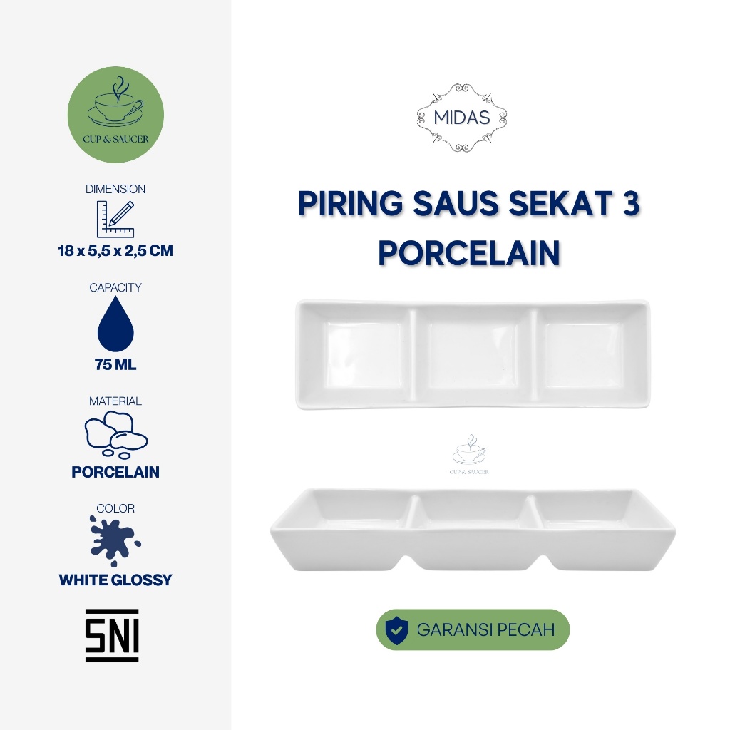 Piring Saos Keramik Sekat 3 Midas 75 ml Tempat Saus Sambal Kecap Sauce Dish Banchan Restoran Hotel C