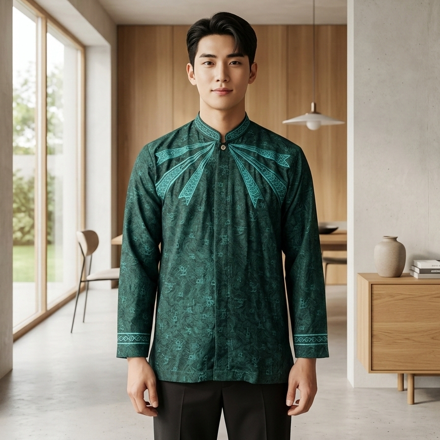 Bali Lestari Koko Dewasa Pria Lengan Panjang Motif Bordir Mewah Toska