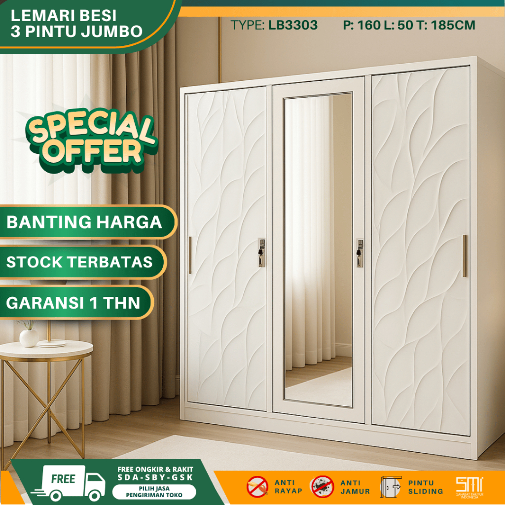Lemari Besi 3 Pintu Jumbo - Lemari Baju Lemari Pakaian Sliding Lemari Besi Sliding 160cm Almari Baju