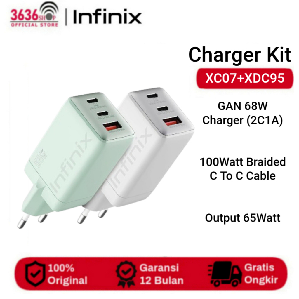 Infinix Charger Kit XC07 - Gan 68W Charger - 2C1A - Free XDC95 | 100W Braided C to C Cable Gransi Re