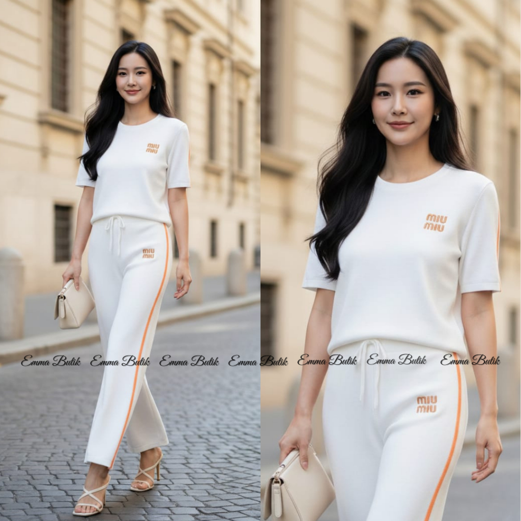 Emma.Butik E00700 Oneset Knit Celana Panjang Wanita Setcel Rib Kekinian Putih Kasual Lengan Pendek S