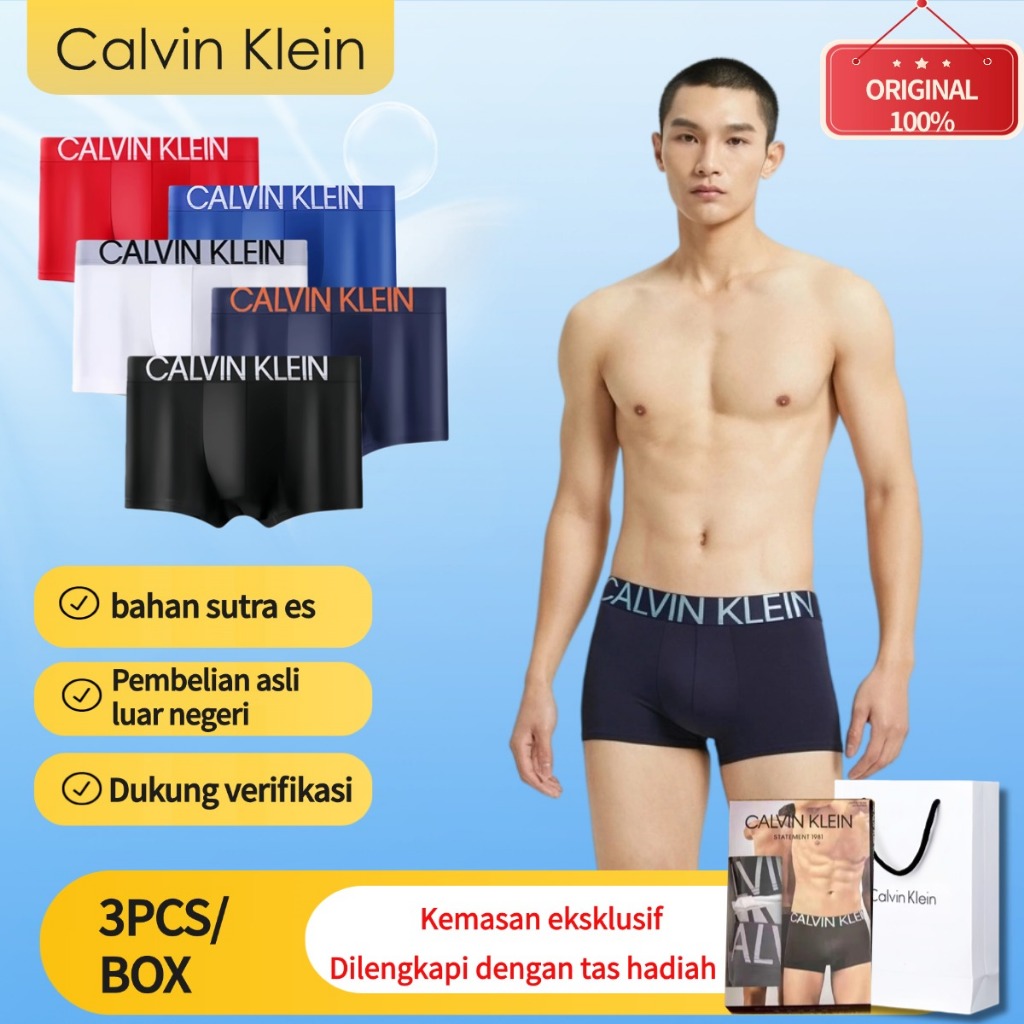 Celana Dalam Pria Calvin Klein - Celana Boxer Ice Silk - Celana Pendek Pria Pinggang Sedang yang Sej