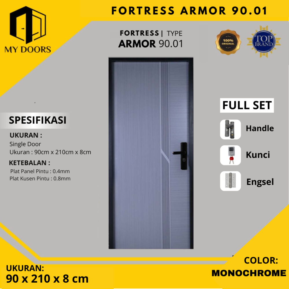 Pintu Utama / Pintu Kamar Baja Fortress 90x210 Type ARMOR 90 Warna Grey Minimalis Modern Dengan Hand