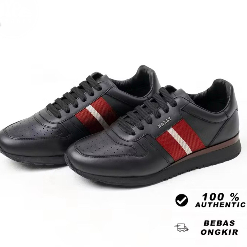 Sepatu Bally Original 100% || Sneakers Pria Black With Red || Sneaker Billy Rebby / Leather Sneakers