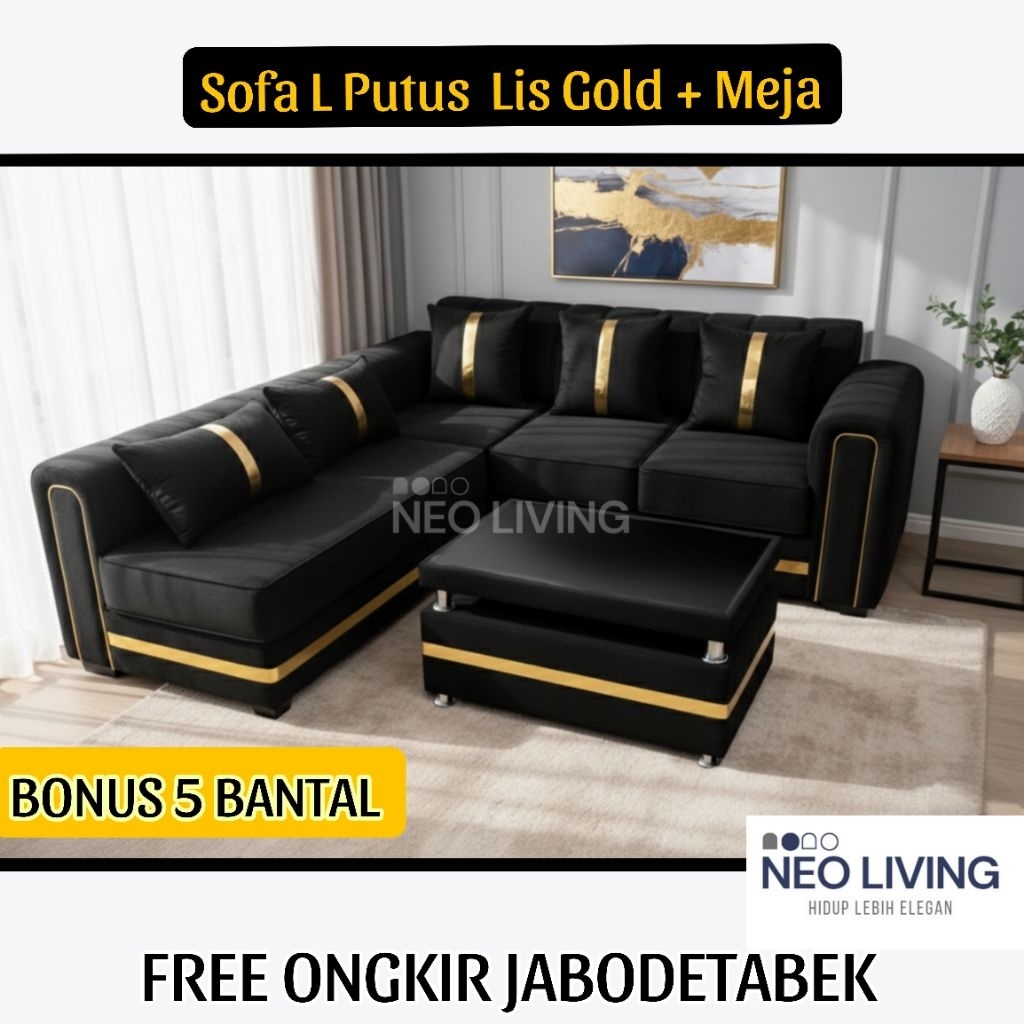 Sofa L Lis Gold + Meja. Sofa ruang tamu elegan. bonus 5 bantal. neo Living. Kain bludru