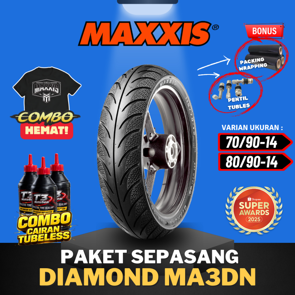 [PAKET SEPASANG TERMURAH] BAN MAXXIS DIAMOND MA-3DN TUBELESS ( 70/90-14 / 80/90-14 ) BAN MOTOR MATIC