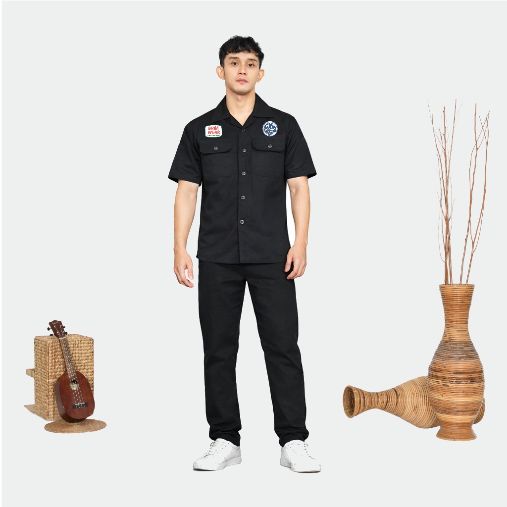 KEMEJA PRIA WORKSHIRT TANGAN PENDEK HITAM GREAM WEAR SABLON DTF