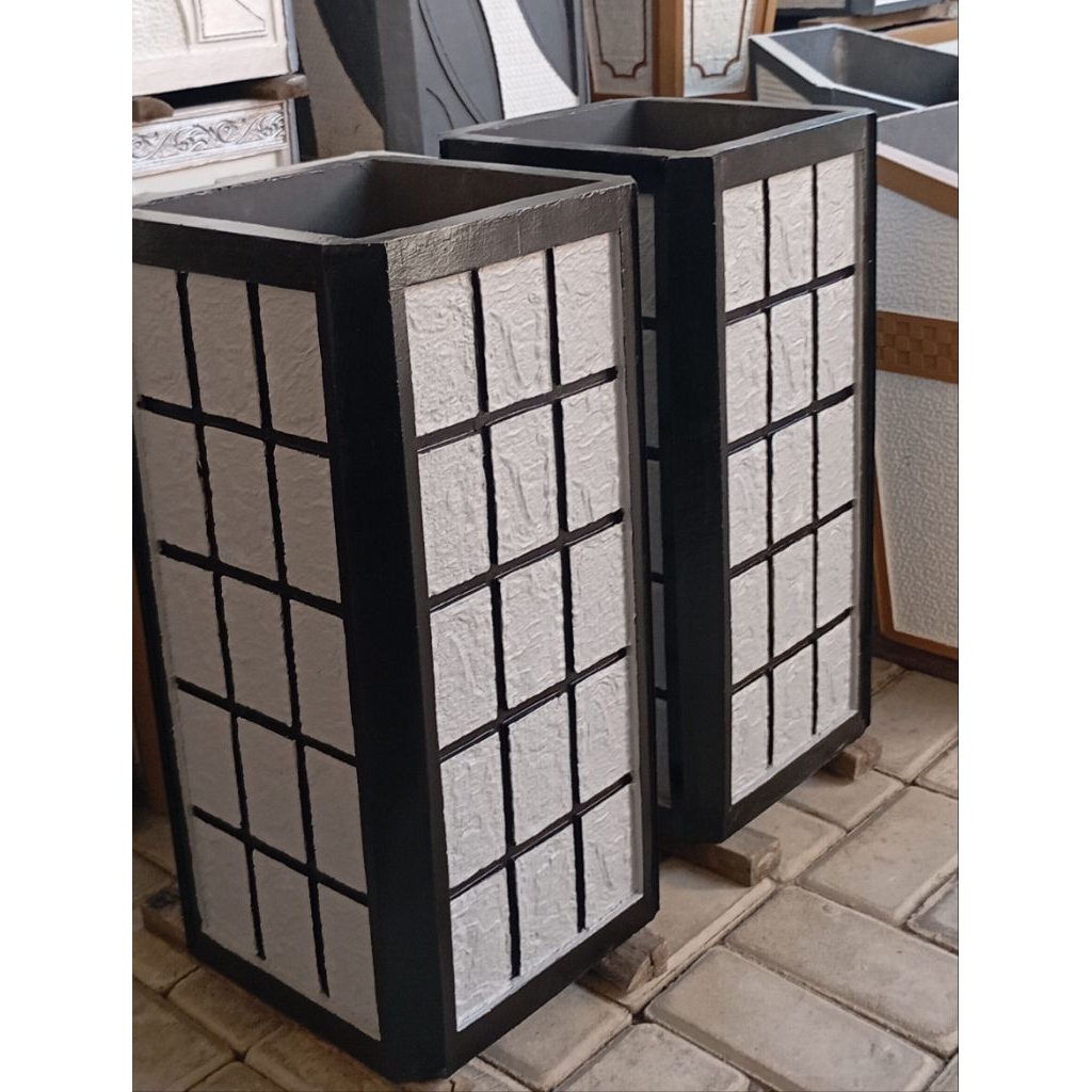 Pot semen bertulang, pot kotak tinggi minimalis, pot cantik motif batu alam warna hitam - abu muda