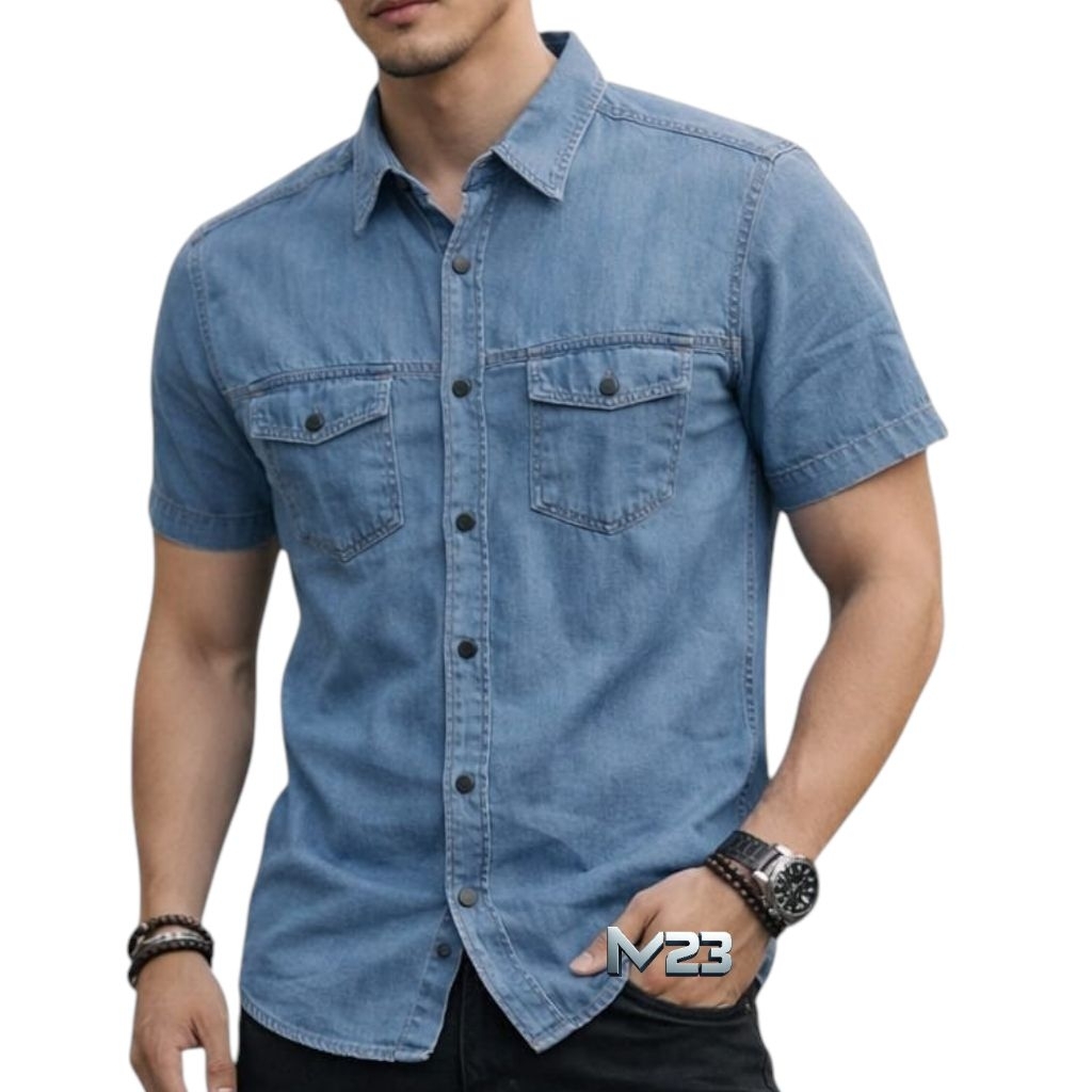 kemeja jeans denim pria lengan pendek kemeja denim pendek pria