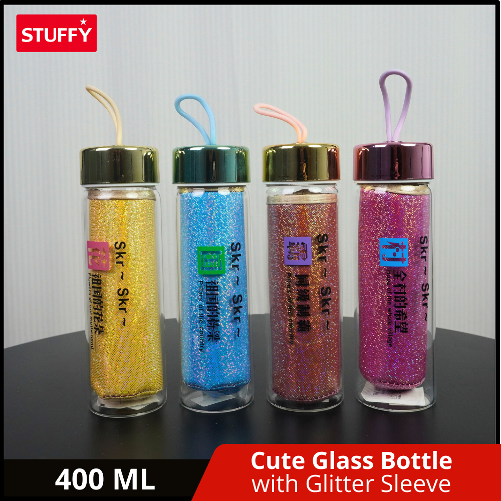 STUFFY Tumbler Botol Minum Glitter 400ML – Botol Minum Kaca dengan Glitter Sleeve