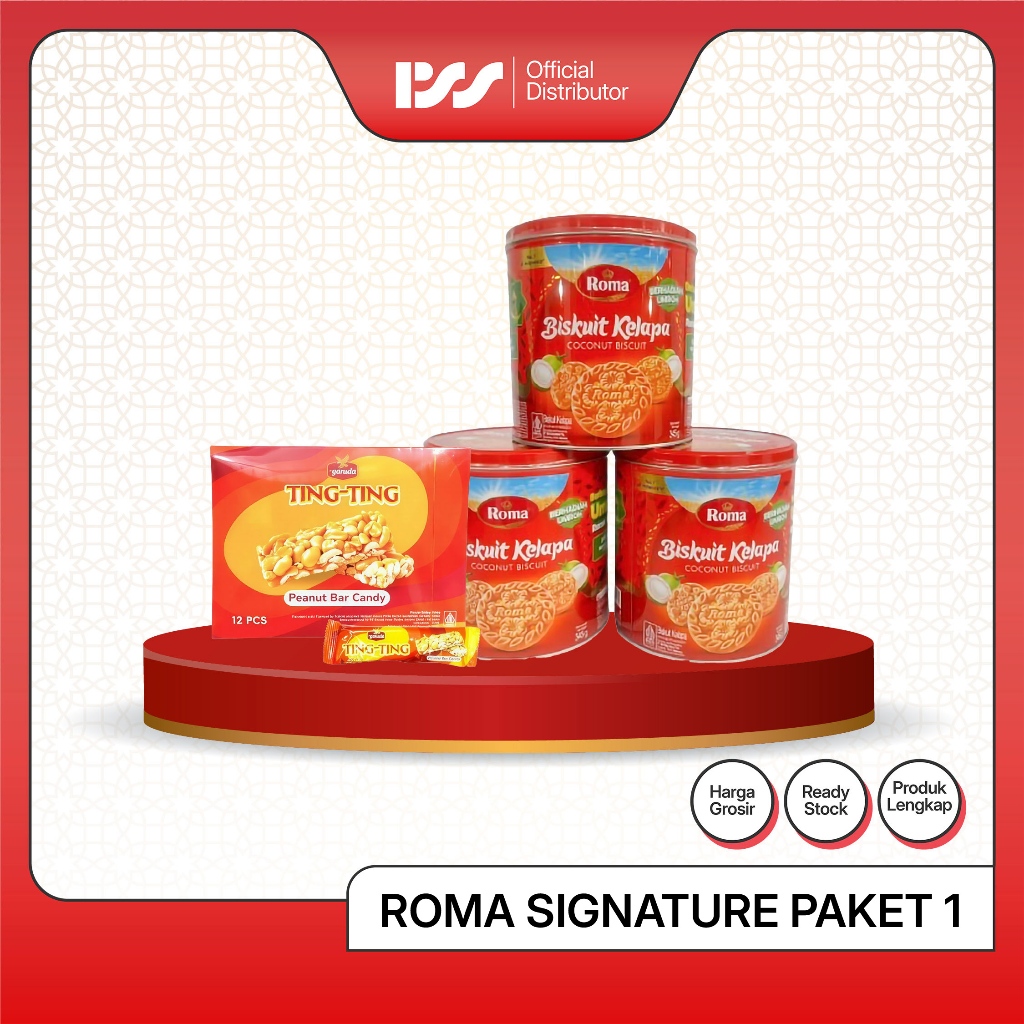 PSS Roma Signature Paket 1 | Roma Biskuit Kelapa Toples 3 Jar + Ting Ting Peanut Bar Candy 1 Box | P