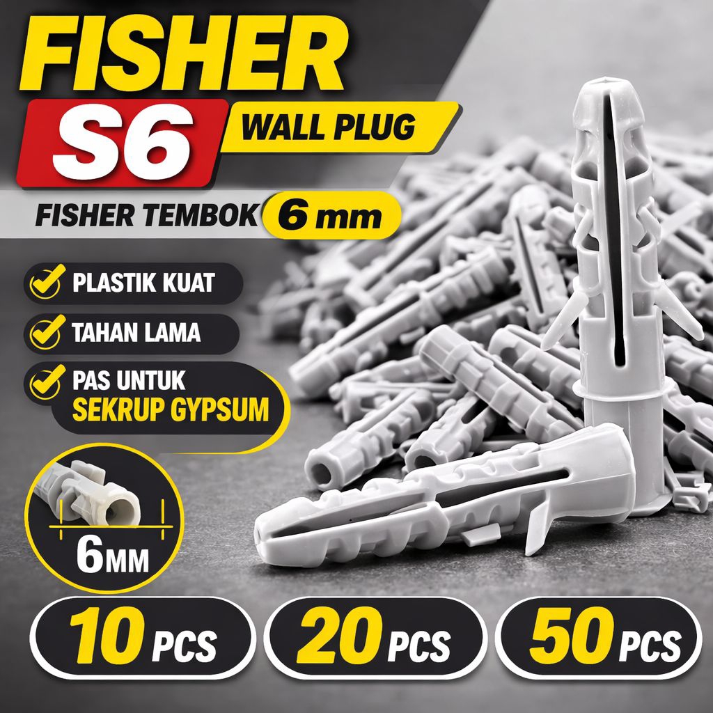 Fisher S6 / Wall Plug S6 | Fisher Tembok 6 mm | Angkur Plastik Sekrup Gypsum | Isi 20 50 100 pcs