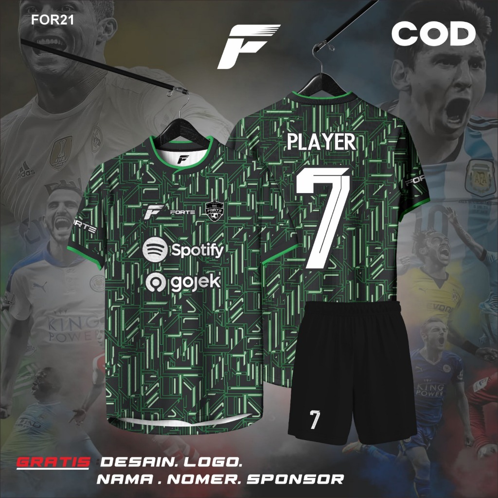 JERSEY BOLA FUTSAL FULL PRINTING CUSTOM NAMA DAN NOMER PUNGGUNG MOTIF MOZAIK HIJAU HITAM