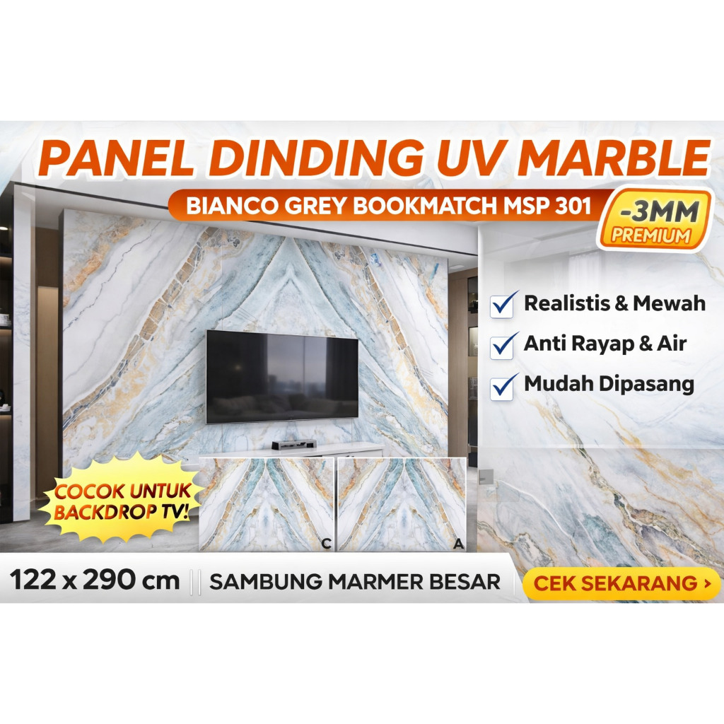 Panel Dinding UV Marmer 3mm 122x290cm-Wall Panel PVC Motif Marble Mewah Sambung Bookmatch