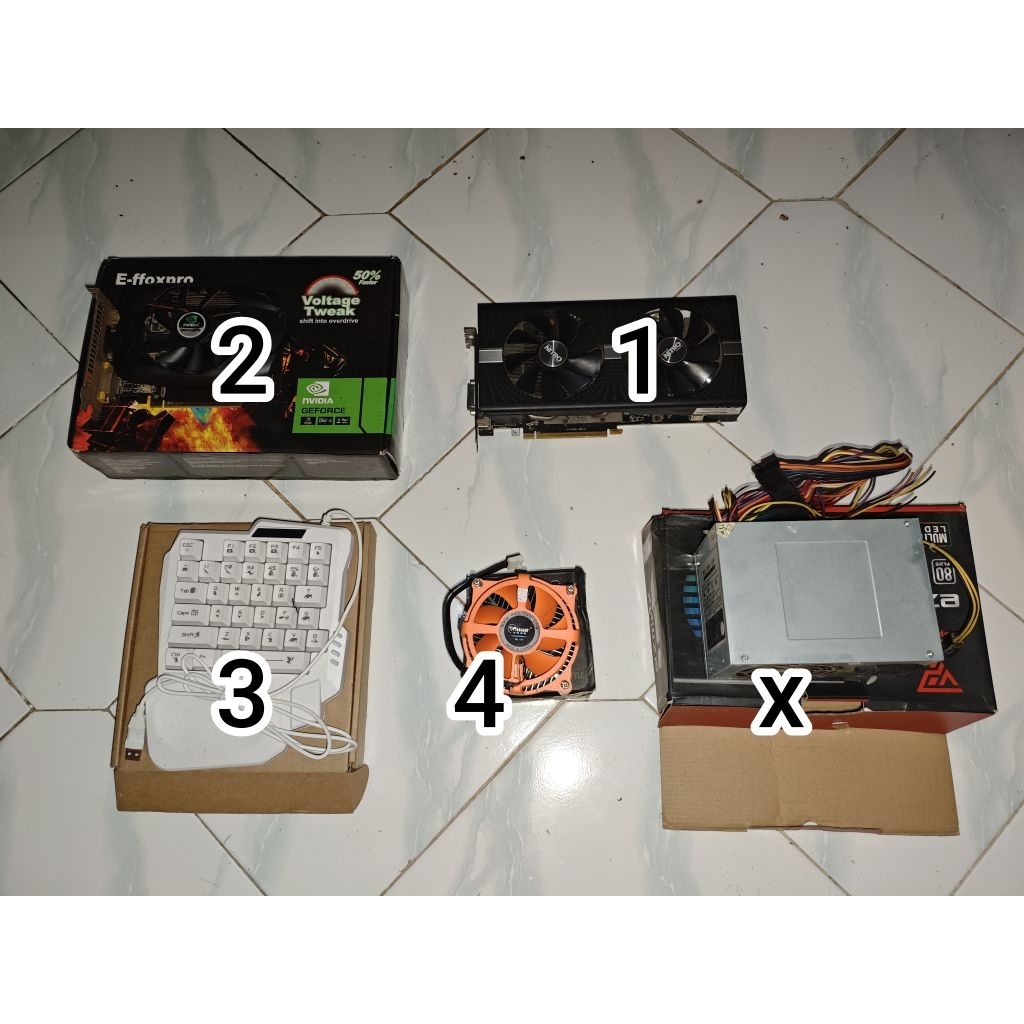 vga rx 580, gt 630, onehend keyboard, fan cooler.