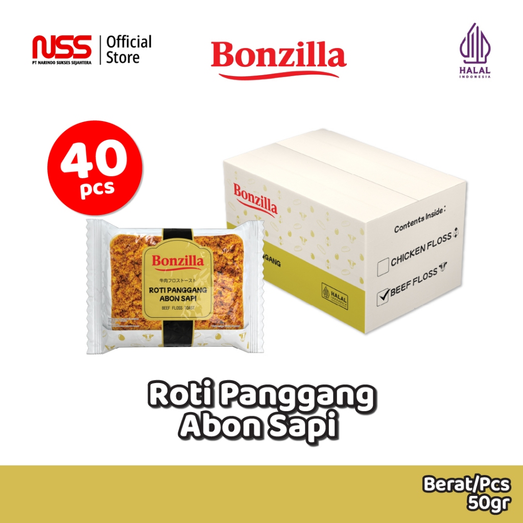 BONZILLA Roti Panggang Abon Sapi 1 Dus isi 40 pcs-Perpaguan Roti Lembut,Manis dengan Abon Sapi yang 