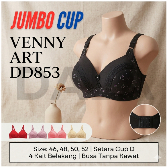 VENNY ART Bra BH Wanita DD853 Cup D Busa Tanpa Kawat 6 Warna 46-52 1 Pcs