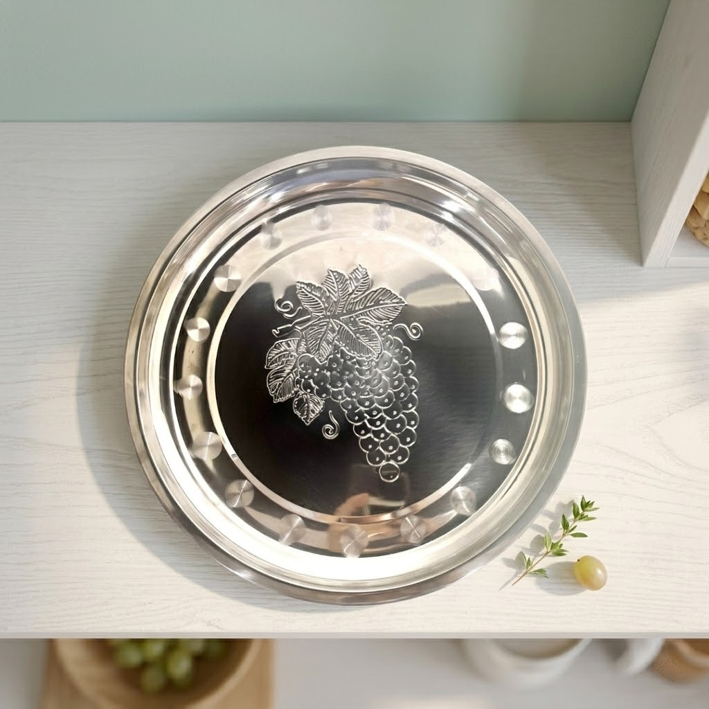Nampan Baki Bundar Stainless Steel Motif Anggur Cantik Wadah Saji Gelas Tamu Anti Karat