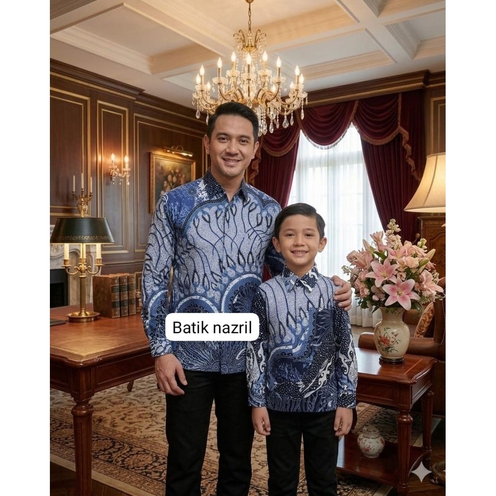 batik pria moderen warna abu biru couple anak dan ayah mewah dan baru