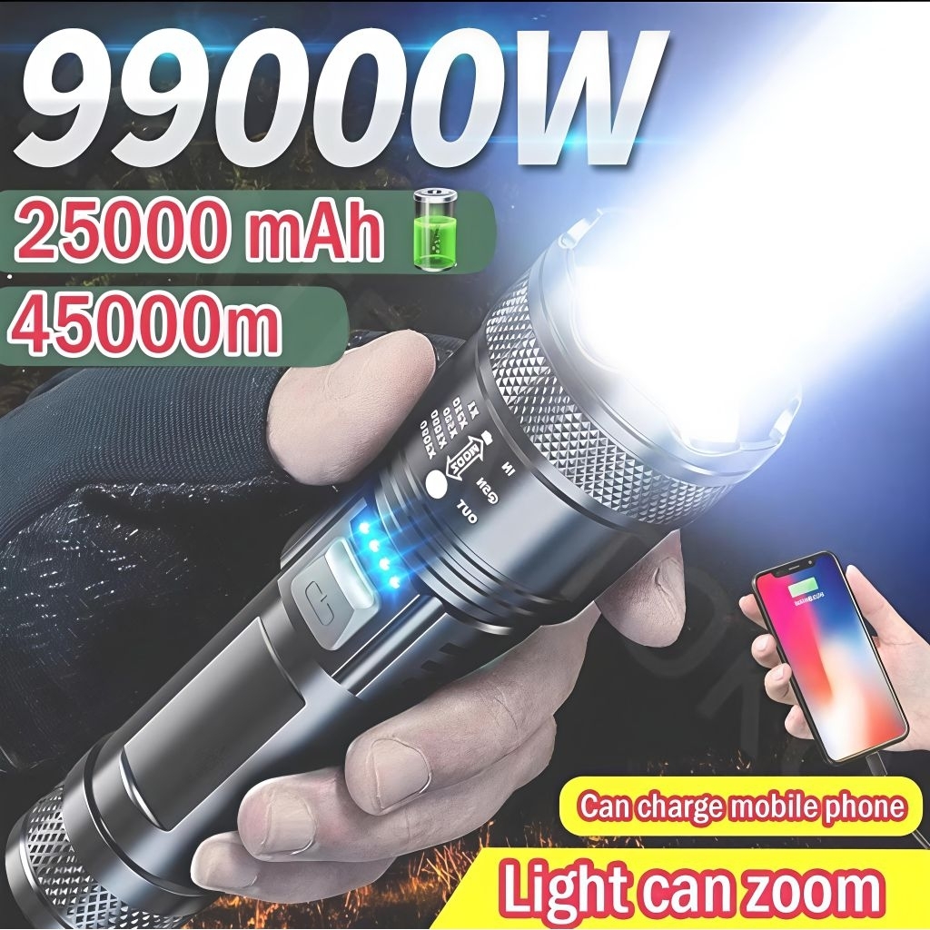 Senter LED Super Terang 10000 Lumens Zoom 50000M Baterai 35000mAh Tahan Lama