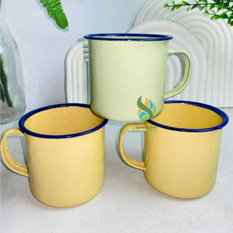 Souvenir Gelas Enamel 200ml Cangkir Kaleng Antik Mug Minum Teh Kopi Tumbler Warna Polos