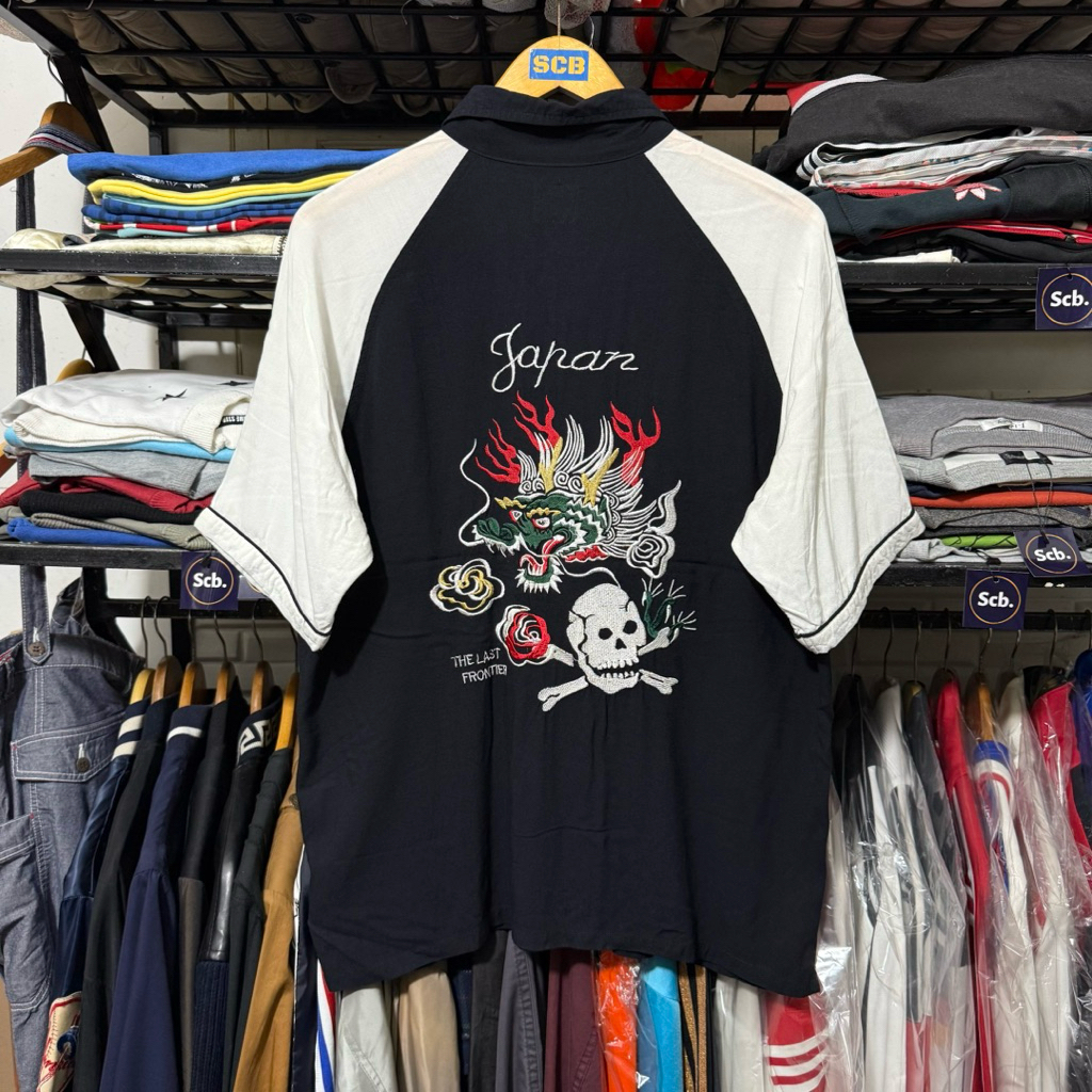 Traditional japan dragon skull bowling shirt kemeja