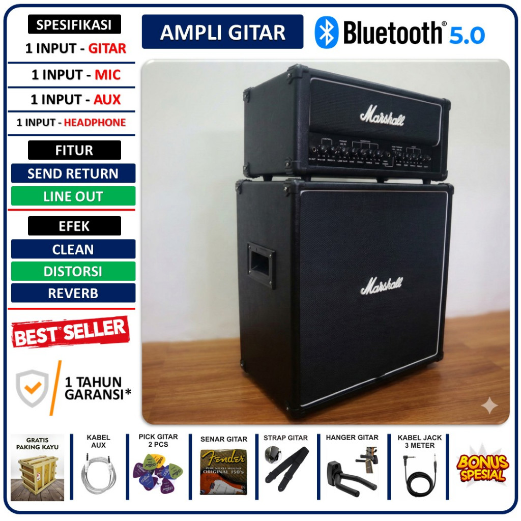 Ampli Gitar & Bass 12 Inch ada bluetooth bisa untuk karaoke Marshall 3 Input Head Cabinet Bonus Kabe